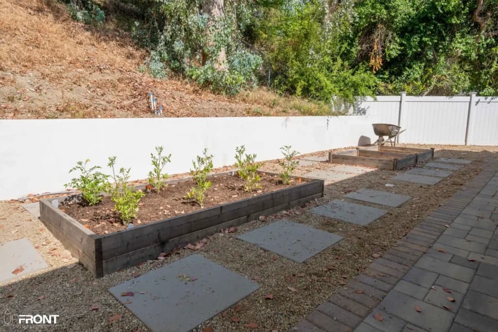 Resort-style backyard remodel in Tarzana, with a freeform pool, paver deck and louvered white pergola — photo 6 of 20