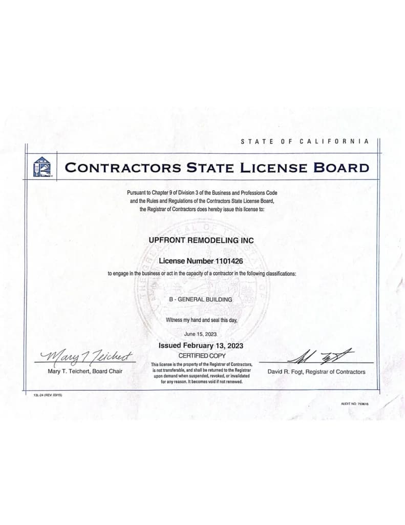 California Contractors State License Board certificate for UpFront Remodeling Inc, license 1101426, classification B general building