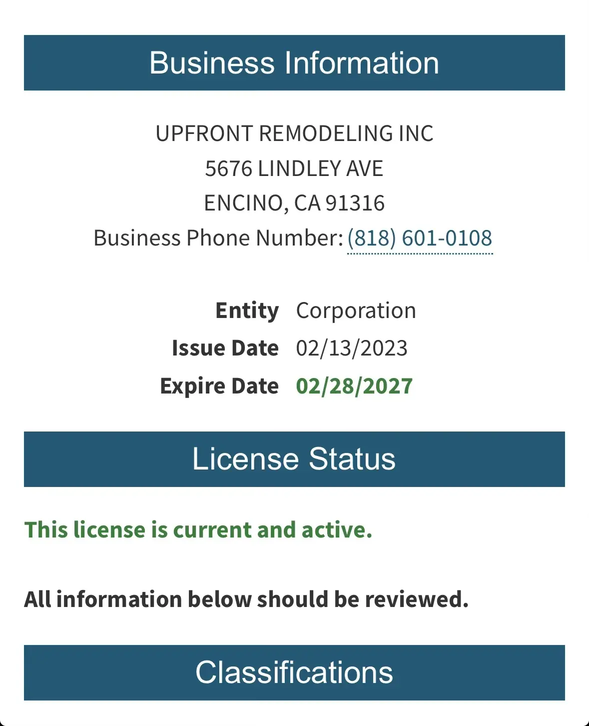 California Contractors State License Board status page showing UpFront Remodeling Inc, license 1101426, current and active, expiring 02/28/2027