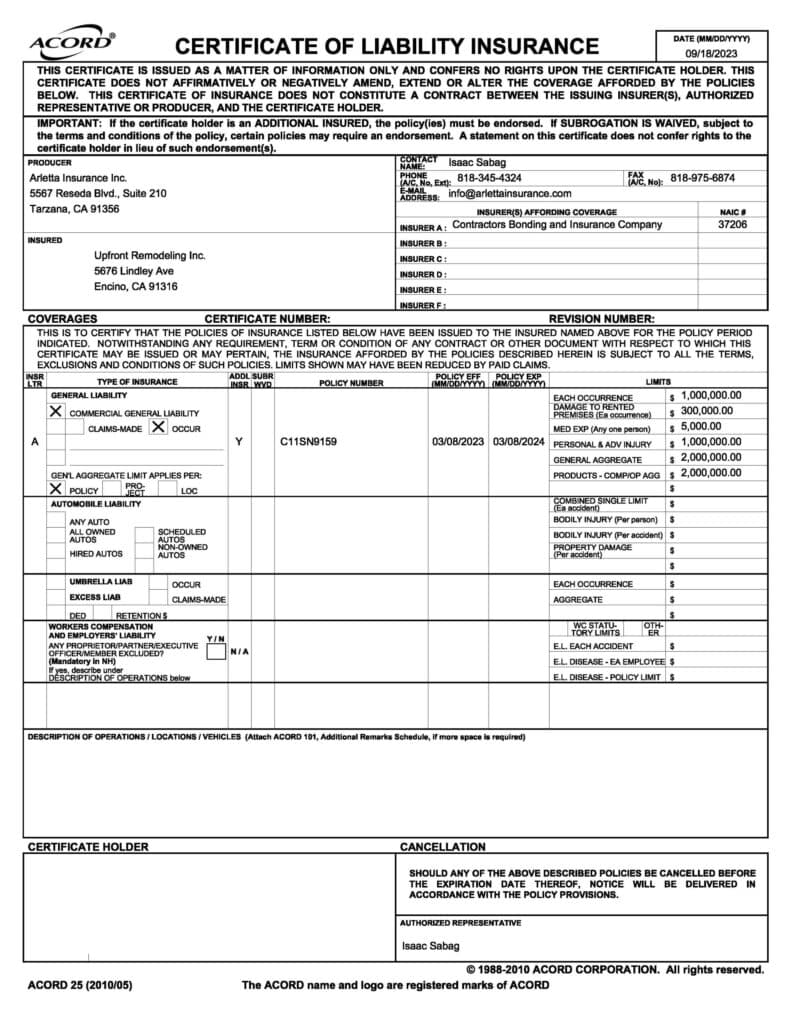 Certificate of general liability insurance for UpFront Remodeling Inc