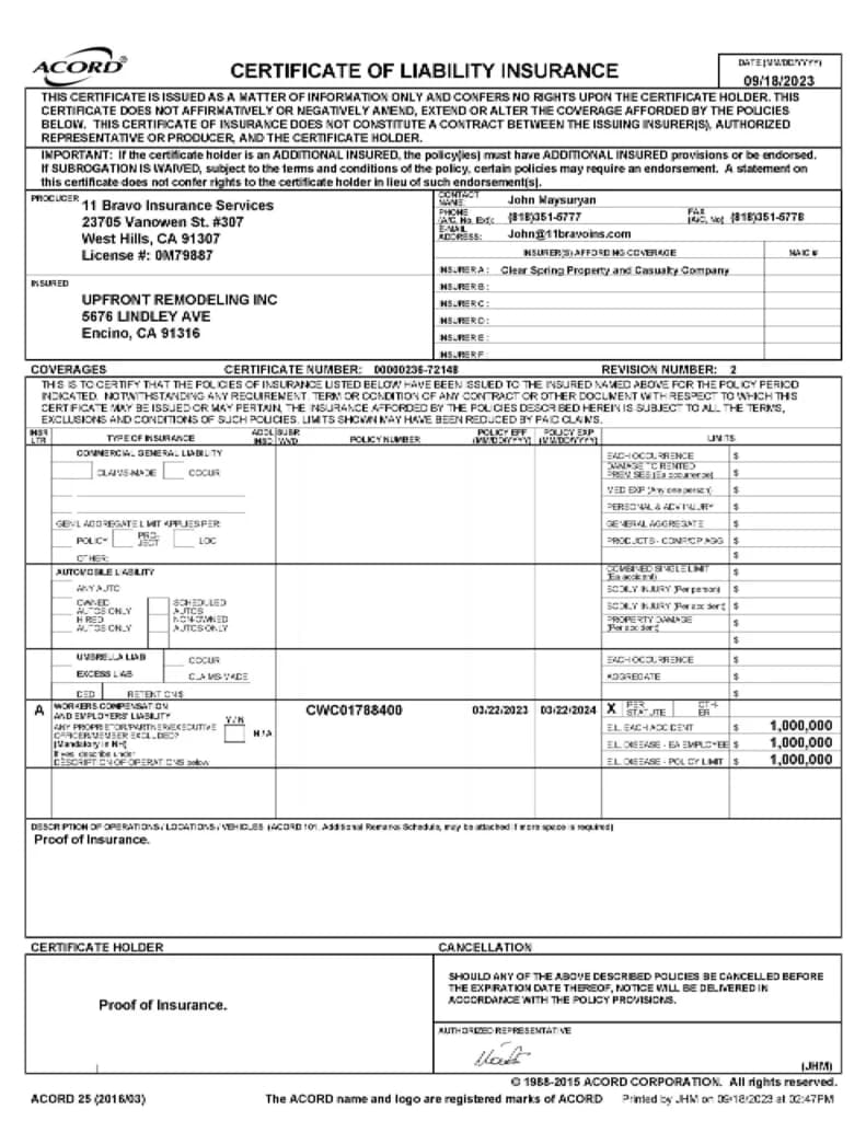 Certificate of workers' compensation insurance for UpFront Remodeling Inc