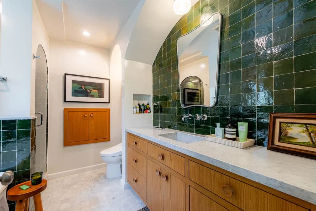 Master and guest bathroom remodel in Los Angeles, with a tiled walk-in shower and dual-sink quartz vanity — photo 4 of 13