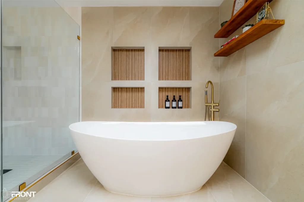 Master bathroom remodel in Westlake Village, with a freestanding soaking tub and zellige-tiled shower — photo 2 of 15
