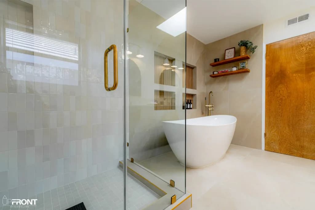 Master bathroom remodel in Westlake Village, with a freestanding soaking tub and zellige-tiled shower — photo 3 of 15