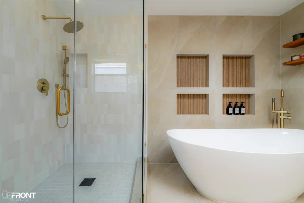 Master bathroom remodel in Westlake Village, with a freestanding soaking tub and zellige-tiled shower — photo 4 of 15