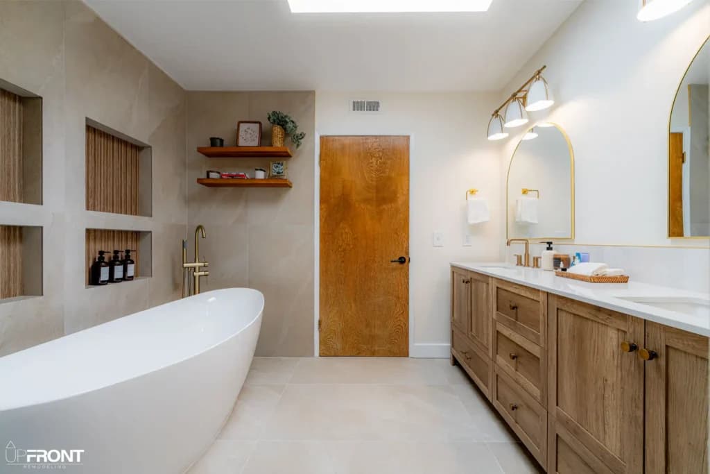 Master bathroom remodel in Westlake Village, with a freestanding soaking tub and zellige-tiled shower — photo 6 of 15