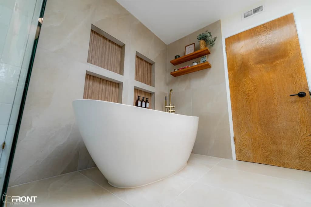 Master bathroom remodel in Westlake Village, with a freestanding soaking tub and zellige-tiled shower — photo 13 of 15