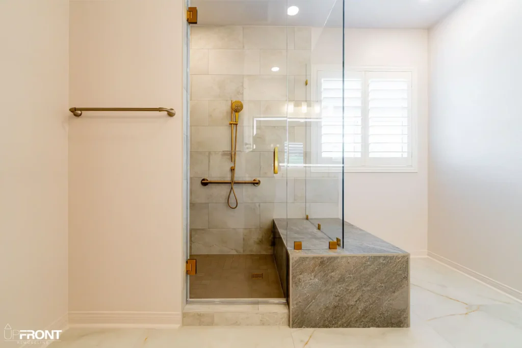 Spa-inspired master bathroom remodel in Simi Valley, with a brushed-gold double vanity and walk-in shower — photo 5 of 9
