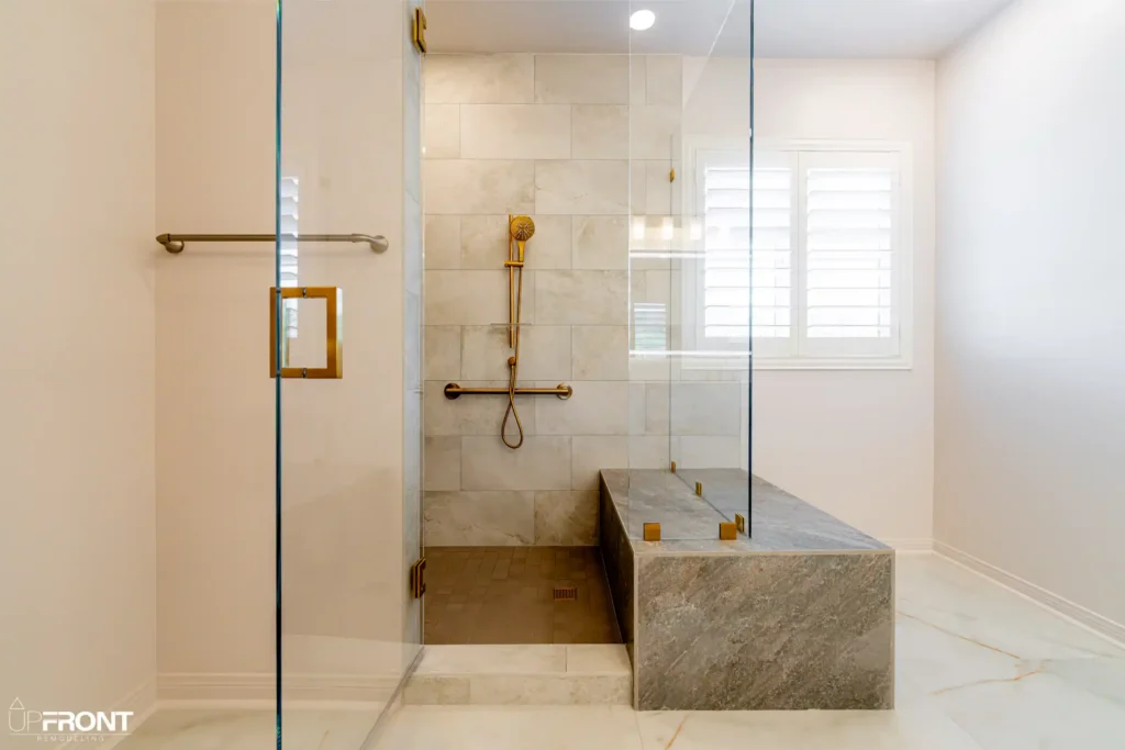 Spa-inspired master bathroom remodel in Simi Valley, with a brushed-gold double vanity and walk-in shower — photo 6 of 9