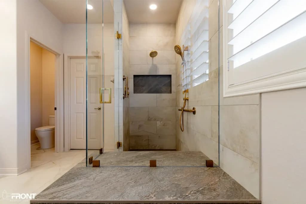 Spa-inspired master bathroom remodel in Simi Valley, with a brushed-gold double vanity and walk-in shower — photo 7 of 9