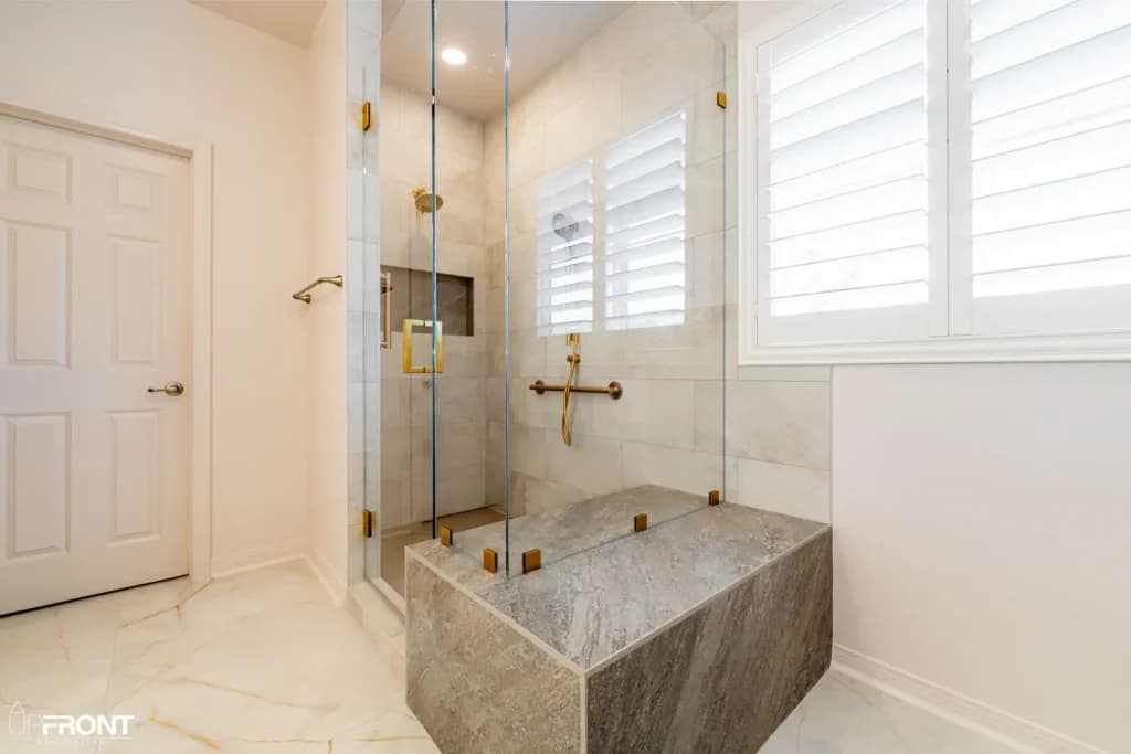 Spa-inspired master bathroom remodel in Simi Valley, with a brushed-gold double vanity and walk-in shower — photo 8 of 9