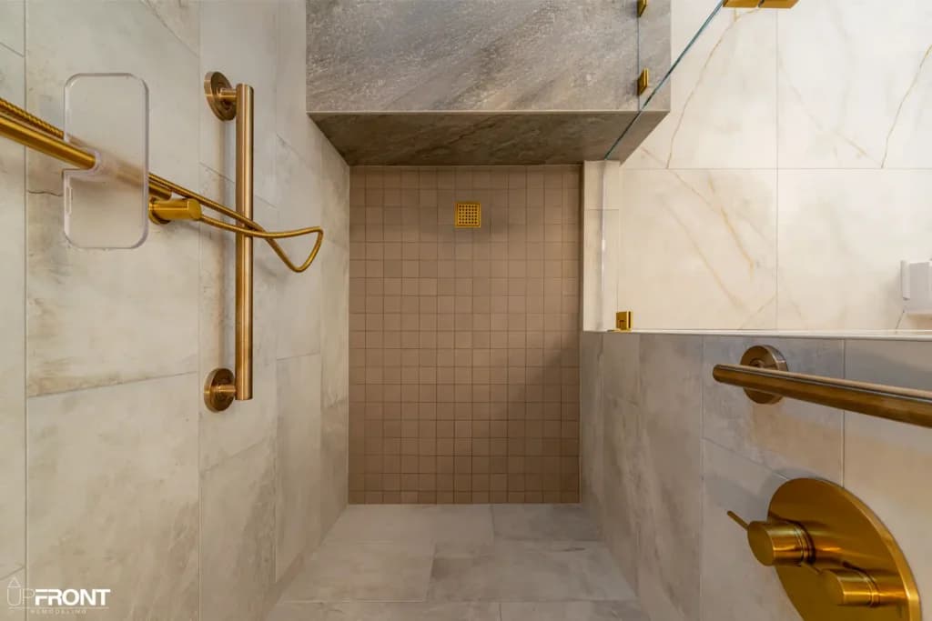 Spa-inspired master bathroom remodel in Simi Valley, with a brushed-gold double vanity and walk-in shower — photo 9 of 9